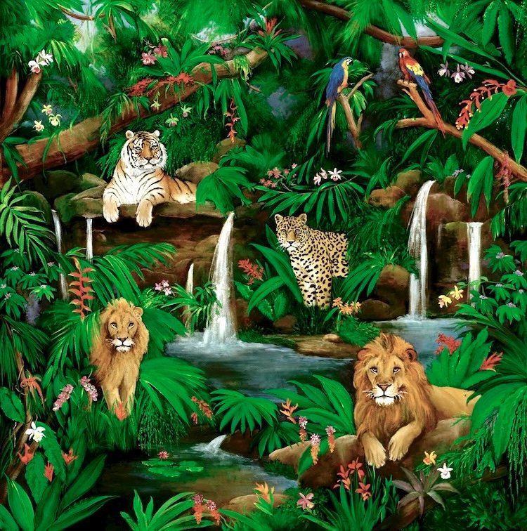 TIGER, LION, WATERFALL, JUNGLE