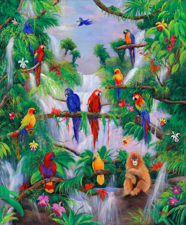 PARROTS, JUNGLE. WATERFALL, MONKEY