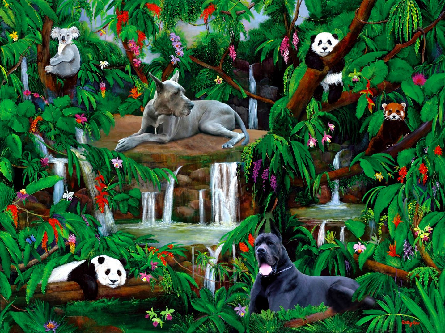 GREAT DANES, JUNGLE, WATERFALL