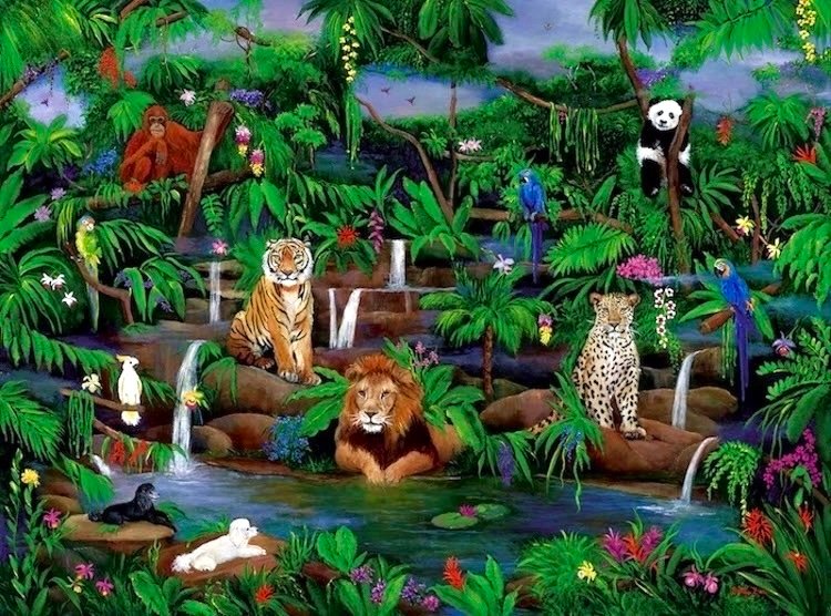 2 DOGS IN JUNGLE, WILD ANIMALS,  LEOPARDS, LION