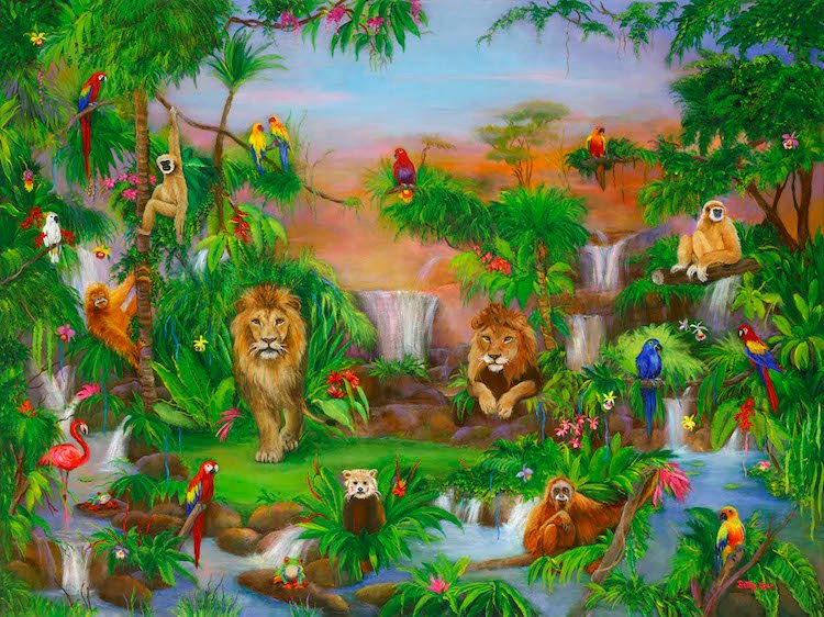 WILD ANIMALS BY A WATERFALL, JUNGLE