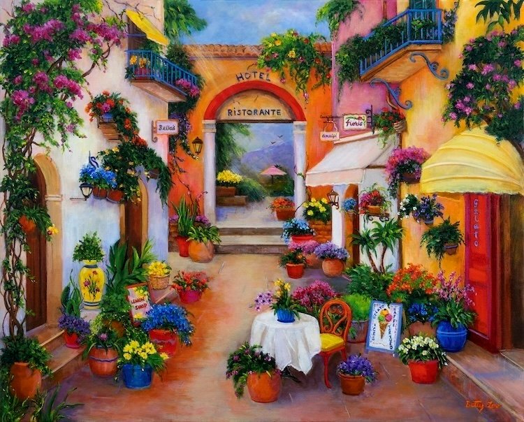 COLORFUL PLAZA AND SHOPS ON THE AMALFI COAST ITLY