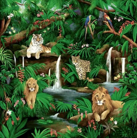TIGER, LION, WATERFALL, JUNGLE
