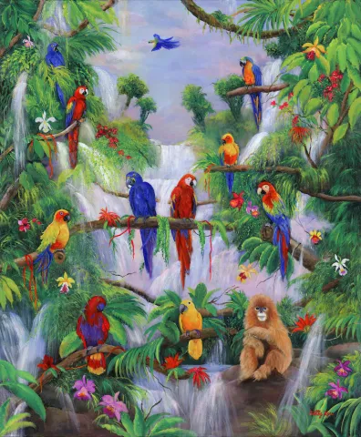 PARROTS, JUNGLE. WATERFALL, MONKEY