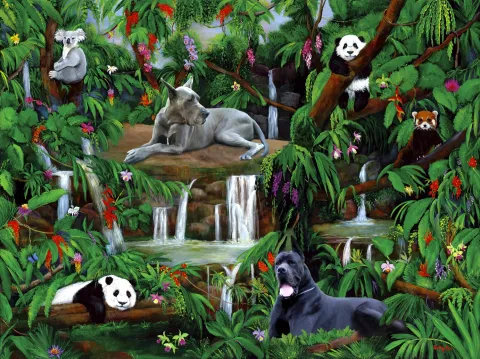 GREAT DANES, JUNGLE, WATERFALL