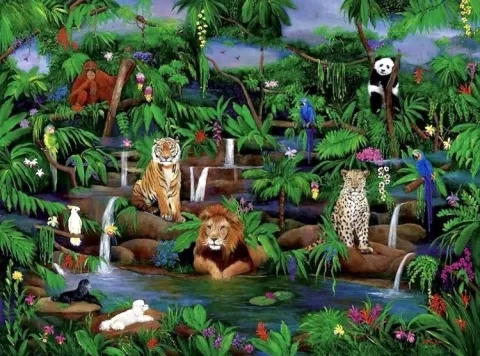 2 DOGS IN JUNGLE, WILD ANIMALS,  LEOPARDS, LION