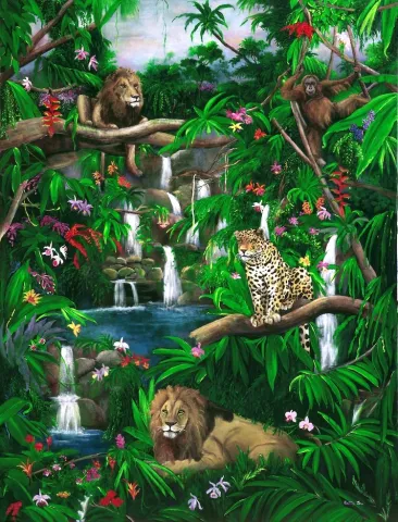 JUNGLE WATERFALLS, LEOPARD, LIONS
