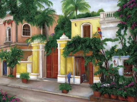 HACIENDA, SOUTH AMERICA, COLORFUL PARROTS