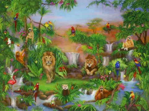 WILD ANIMALS BY A WATERFALL, JUNGLE