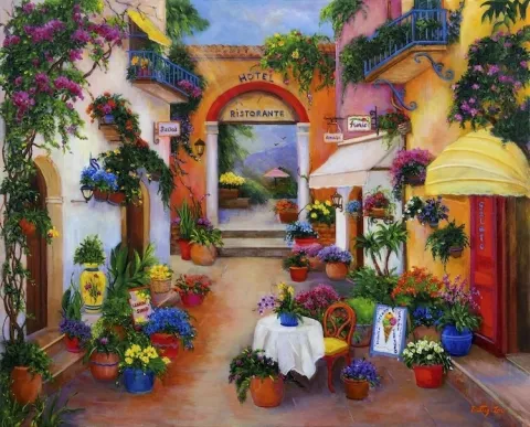 COLORFUL PLAZA AND SHOPS ON THE AMALFI COAST ITLY