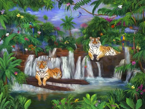 TIGERS, JUNGLE, WATERFALLS